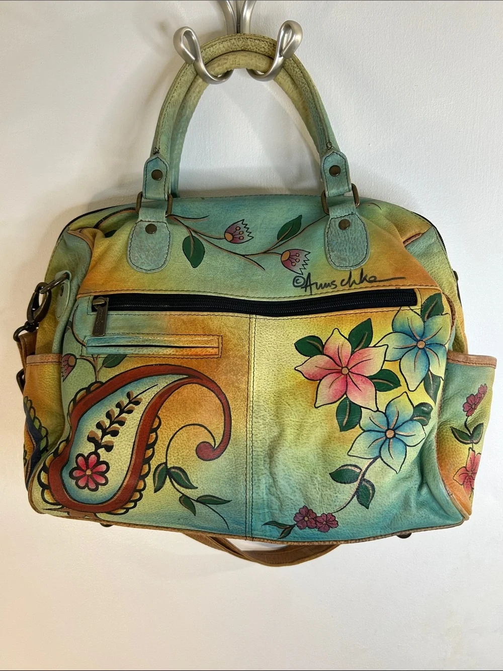 Anuschka Hand Painted Paisley Floral Theme Leather Satchel & Shoulder Strap